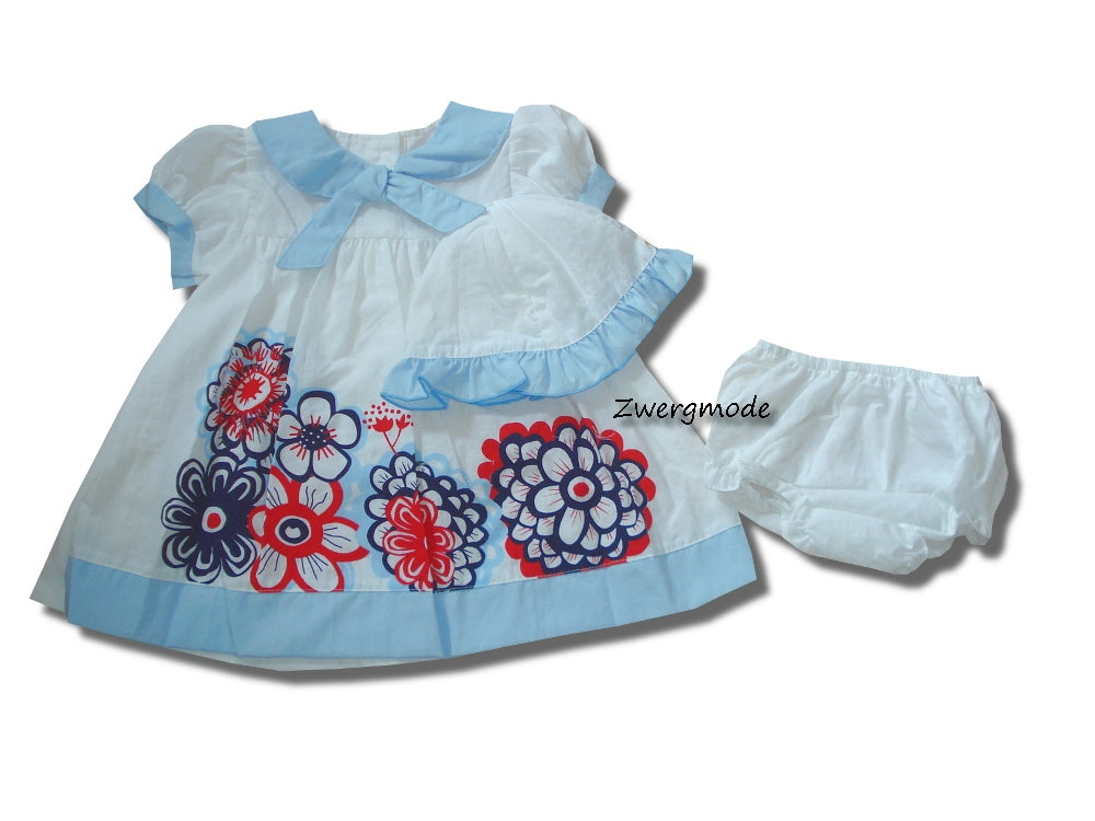 Sweet Elegance - Kleid Kombi Outfit mit Windelhose, Hut "Flowers" weiss-hellblau *NEU*
