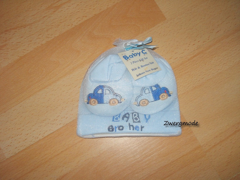 Baby C - Geschenkeset Mütze + Schuhe "Baby Brother" blau *NEU*