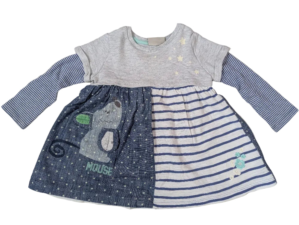 Next - Kleid Mädchen Mädchenkleid blau weiss Maus Langarm Gr. 80