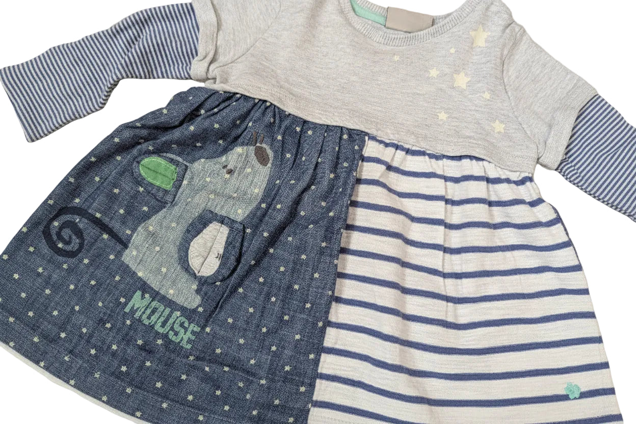 Next - Kleid Mädchen Mädchenkleid blau weiss Maus Langarm Gr. 80