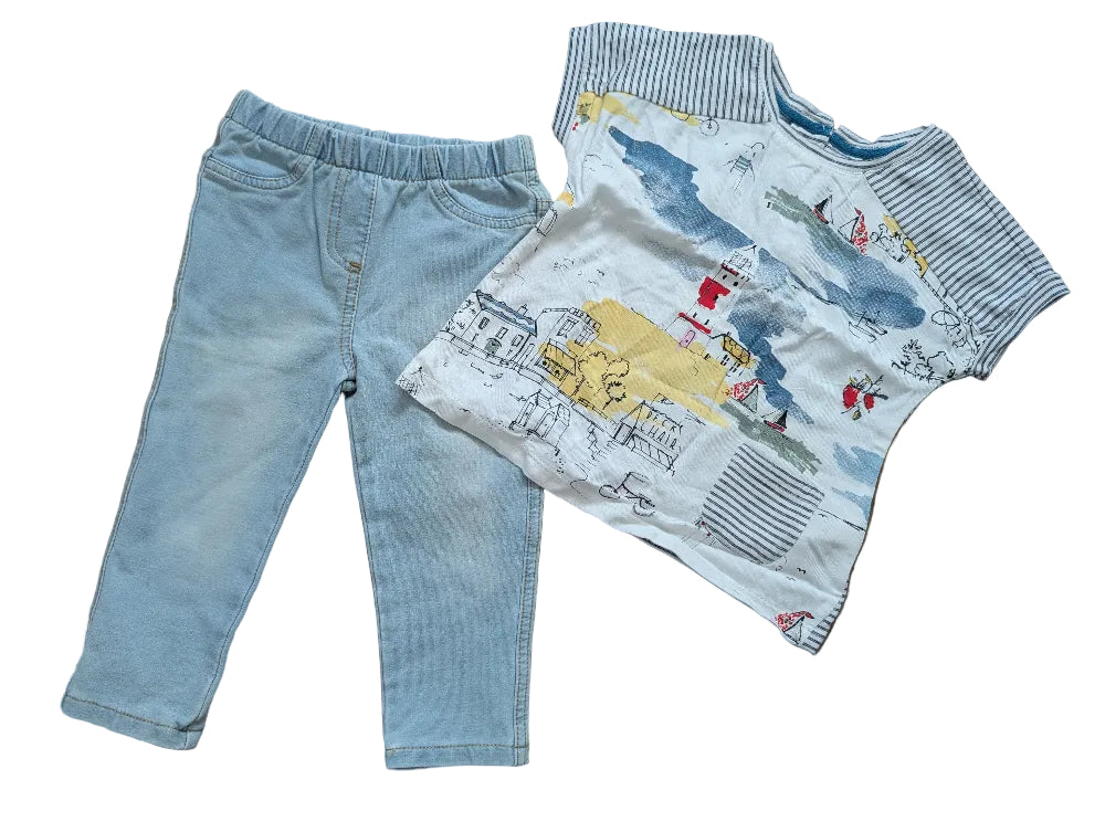 Next Baby-Outfit mit blauer Jeggings und T-Shirt – Gr. 80, Secondhand