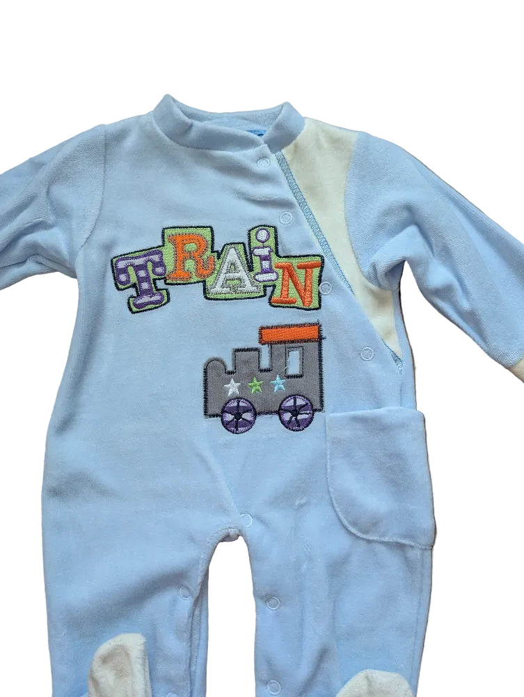 Baby C Fleece-Strampler blau weiss mit Zugmotiv – Gr. 56-62, neu