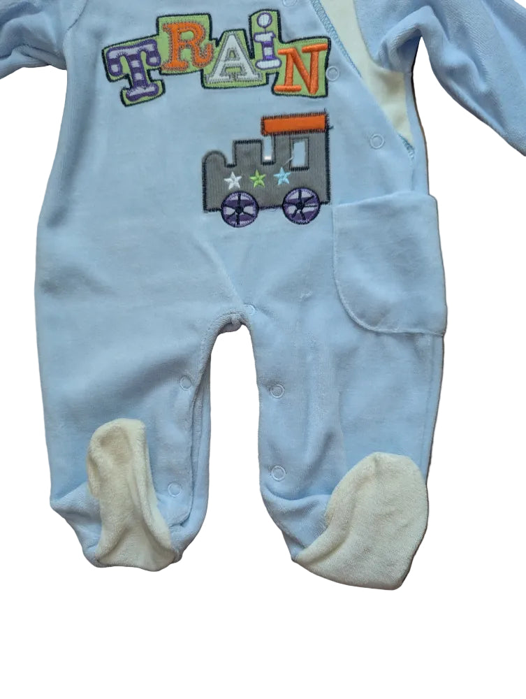 Baby C Fleece-Strampler blau weiss mit Zugmotiv – Gr. 56-62, neu