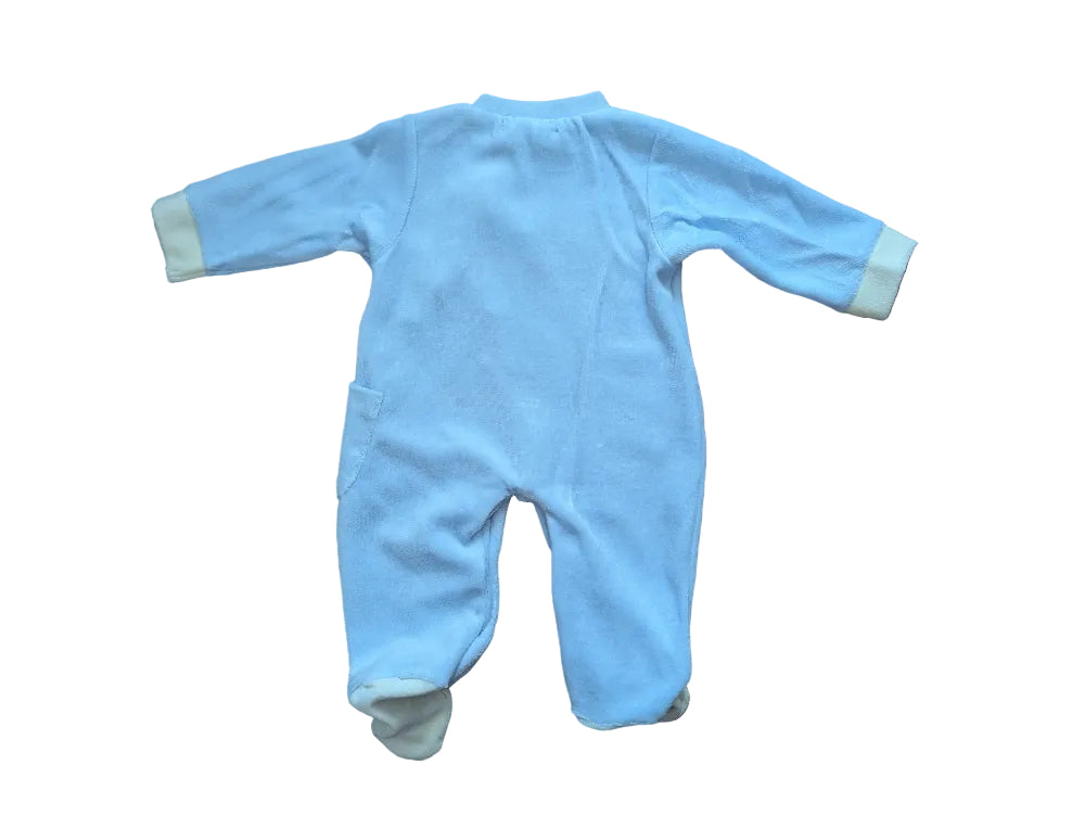 Baby C Fleece-Strampler blau weiss mit Zugmotiv – Gr. 56-62, neu