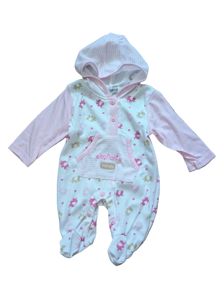 Nursery Time Baby-Strampler Kapuze rosa-weiß mit Elefanten – Gr. 62/68, neu