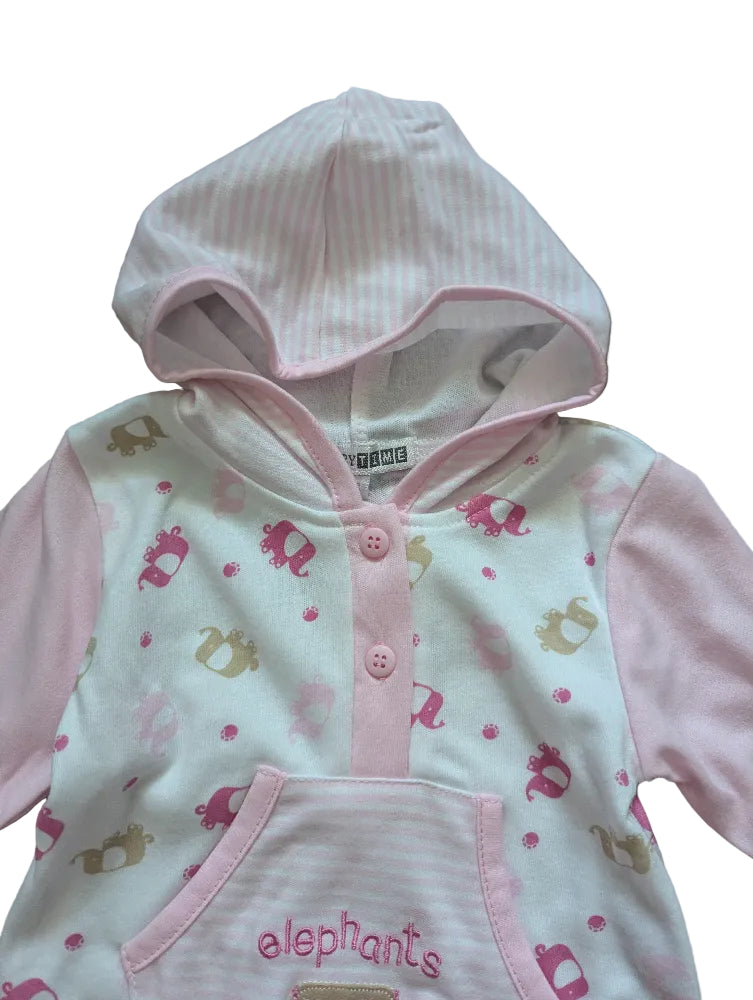 Nursery Time Baby-Strampler Kapuze rosa-weiß mit Elefanten – Gr. 62/68, neu
