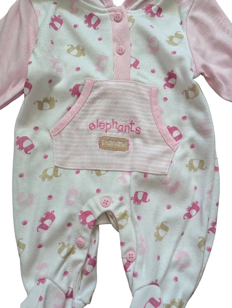 Nursery Time Baby-Strampler Kapuze rosa-weiß mit Elefanten – Gr. 62/68, neu