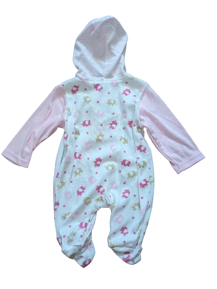Nursery Time Baby-Strampler Kapuze rosa-weiß mit Elefanten – Gr. 62/68, neu