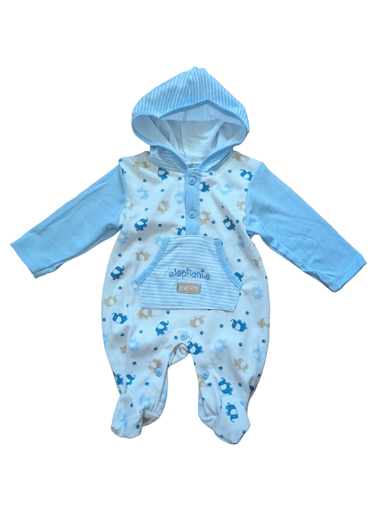 Nursery Time Baby-Strampler Kapuze blau-weiß mit Elefanten – Gr. 62/68, neu