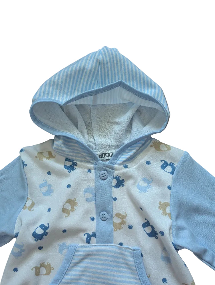 Nursery Time Baby-Strampler Kapuze blau-weiß mit Elefanten – Gr. 62/68, neu
