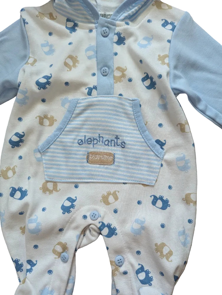 Nursery Time Baby-Strampler Kapuze blau-weiß mit Elefanten – Gr. 62/68, neu