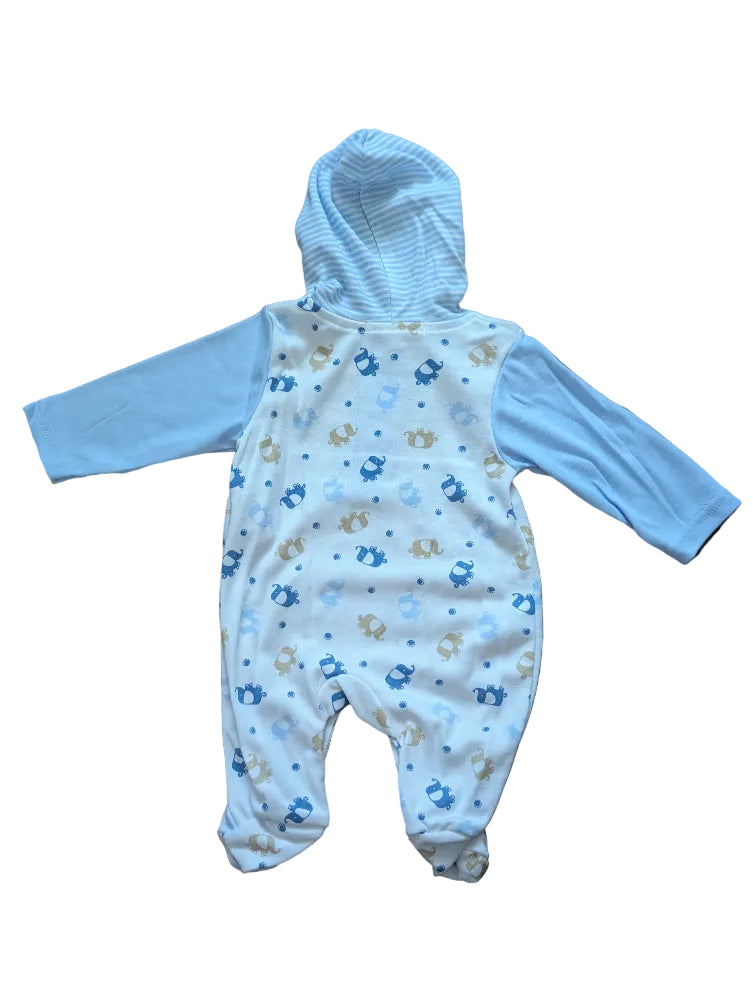 Nursery Time Baby-Strampler Kapuze blau-weiß mit Elefanten – Gr. 62/68, neu